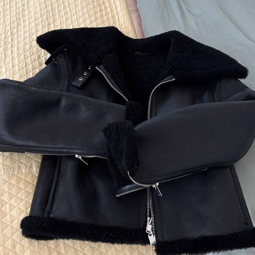 Theory lamb leather real shearling jacket black P - Picture 2 of 8